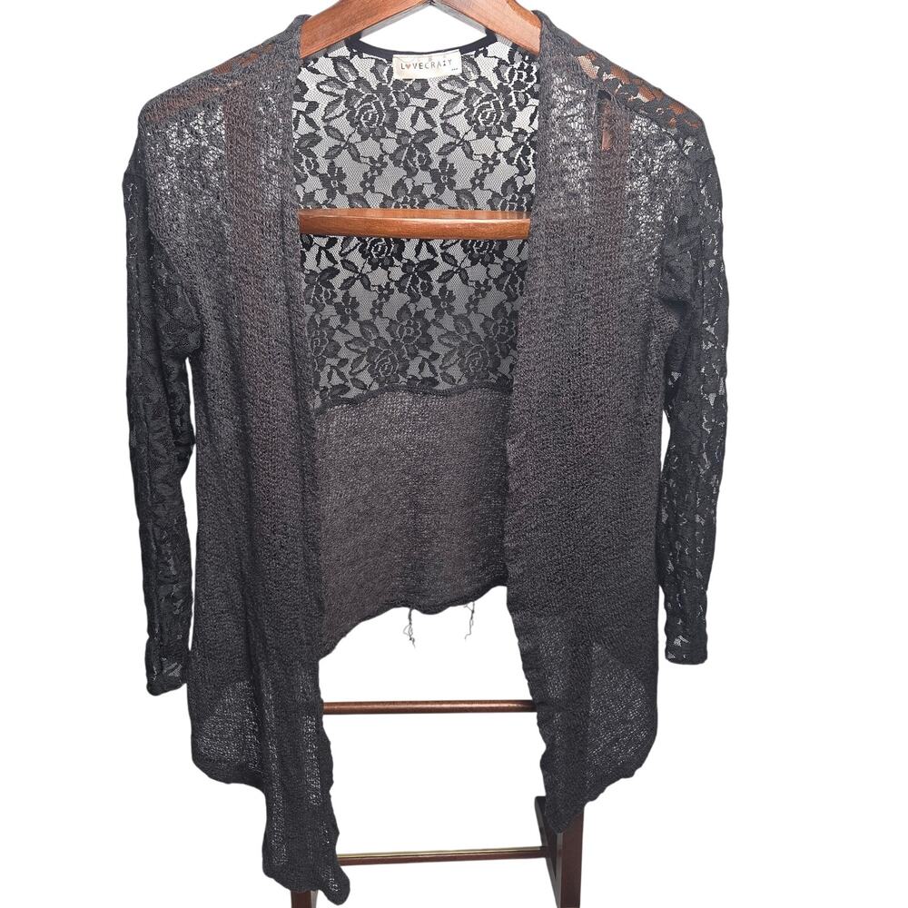 Lovecrazy Charcoal Grey Knit Draped Open Cardigan Sheer Floral Lace Back Upper